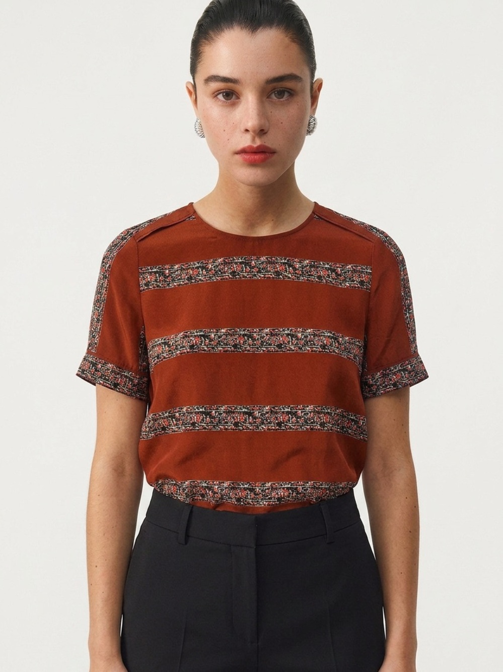 TORY BURCH | 100% Silk Rust Floral Stripe Short Sleeve Top Women’s Size 6